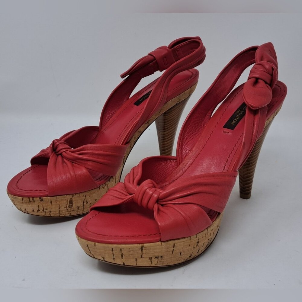 Louis Vuitton Red Leather Platform Slingback Sandals Deerskin Cork 37.5 EU / 7.5 - Picture 1 of 16